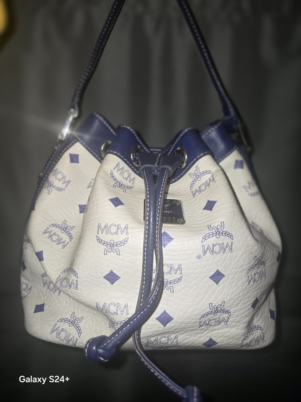 MCM Visetos Ivory Blue Drawstring Bucket Bag Shoulder Authentic